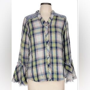 Sundance Blue and Yellow Button Down Shirt with Ruffled Sleeves